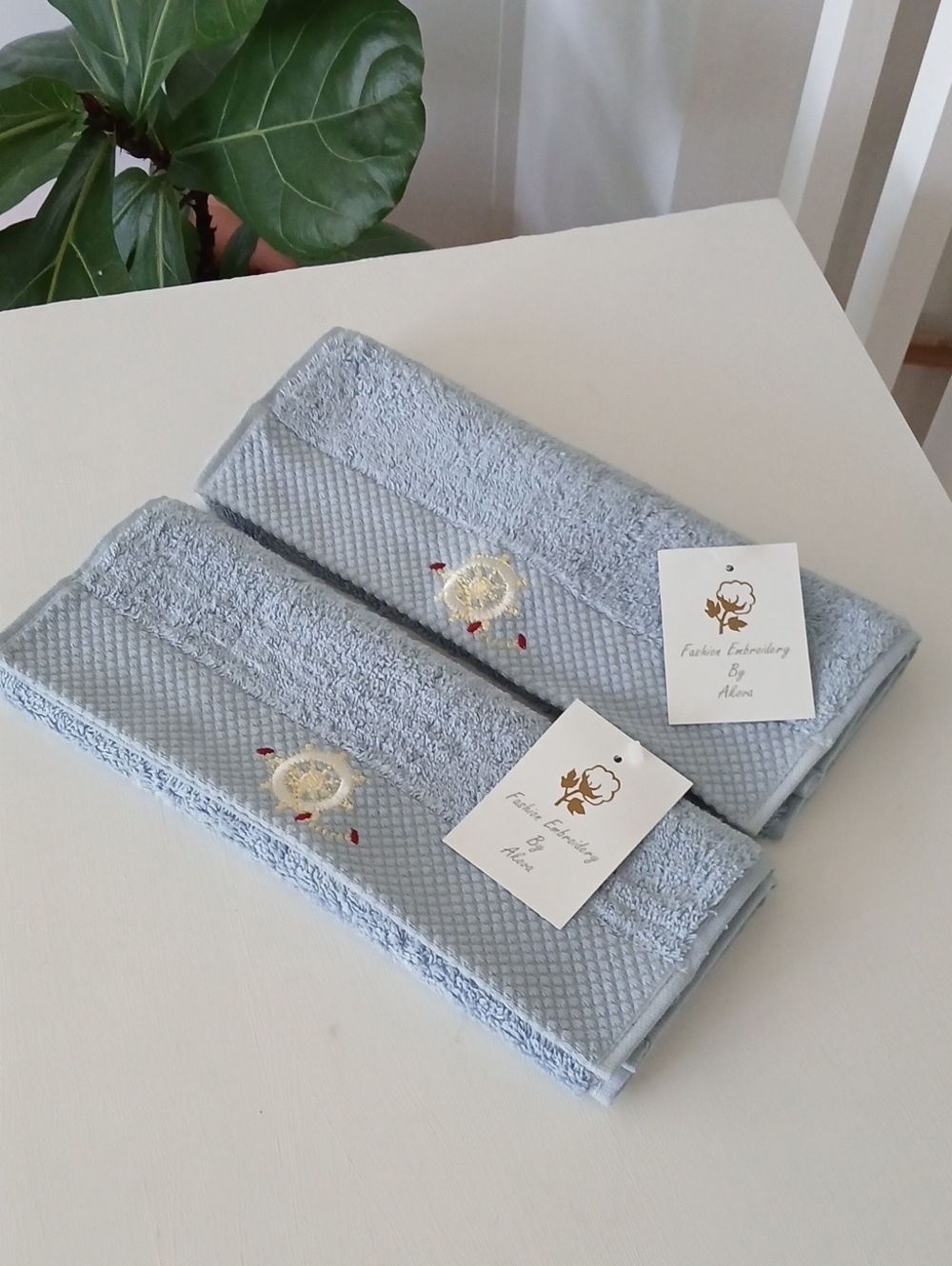 Lt Blue Fingertip Guest Towels Embroidered Steering Wheel Rope Set of 2